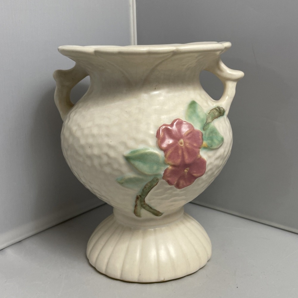 Weller Art Pottery Delsa Vase Blossoms White Handled 6" Tall